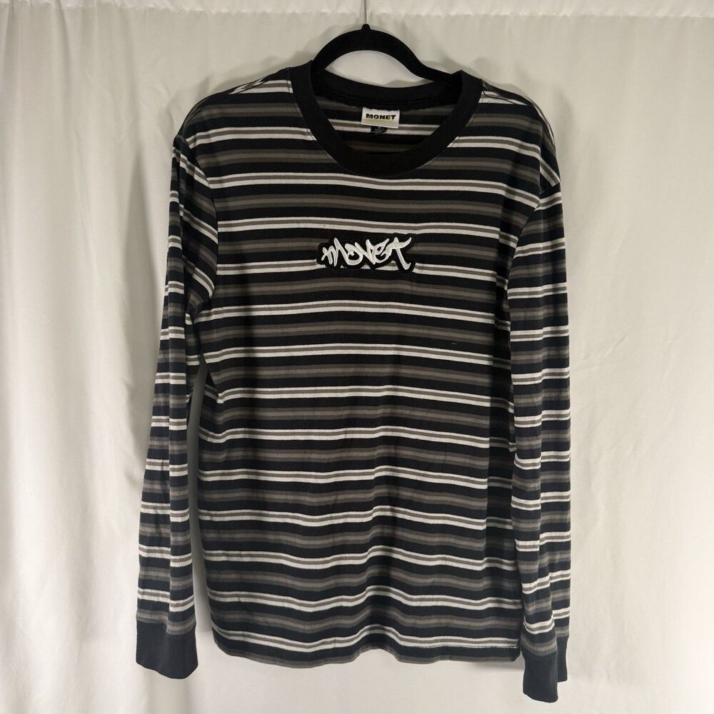 Vintage Monet Shirt Men's Small Black Grey Striped Long Sleeve Cotton Blend